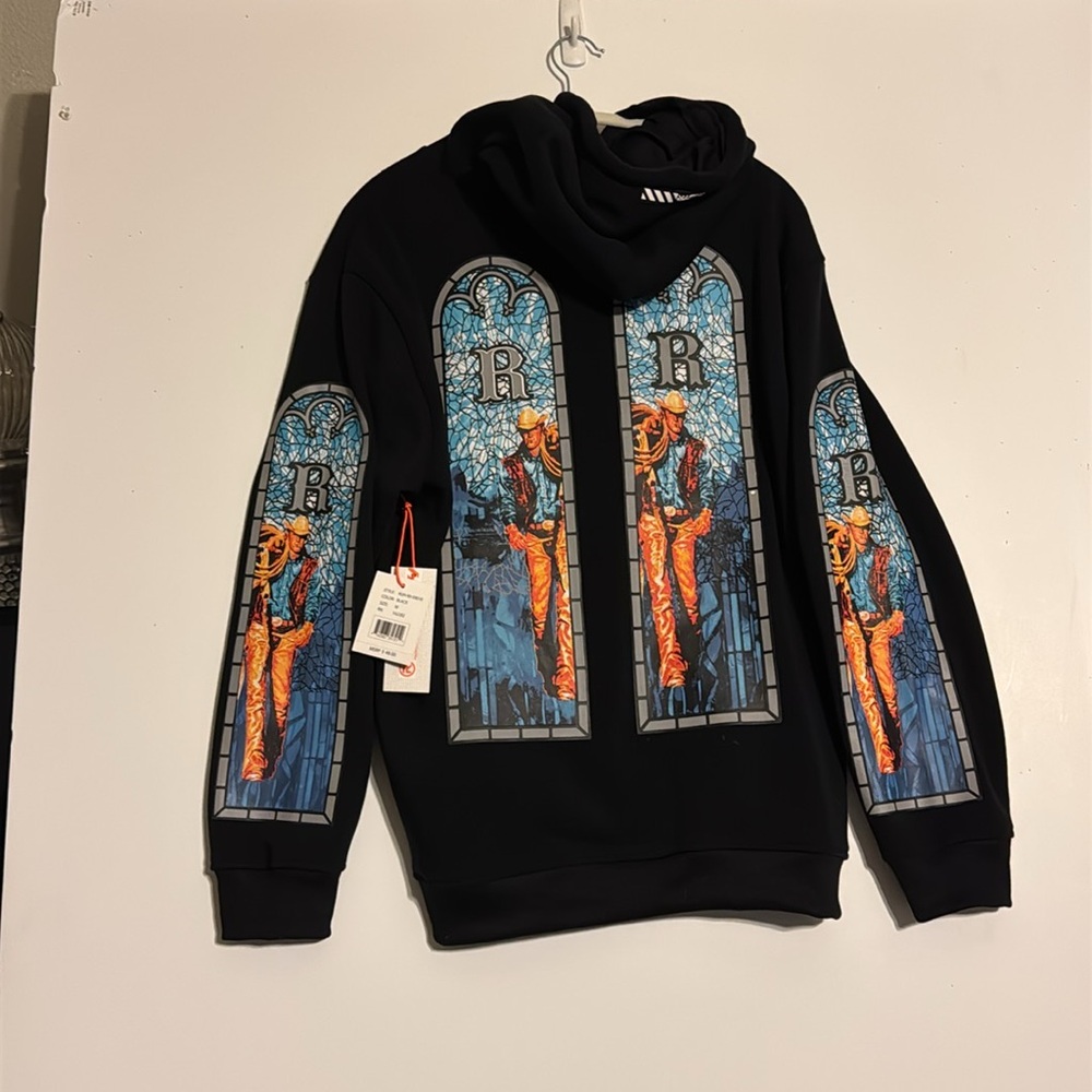 RGSTR BLACK NWT SZ M WESTERN COWBOY MOTIF FRONT BACK AND SLEEVES HOODIE, POUCH